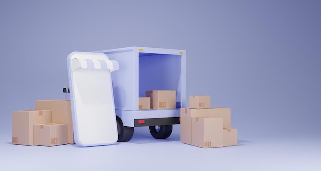 Ecommerce concept Delivery service on mobile application Transportation delivery by truck 3D rendering