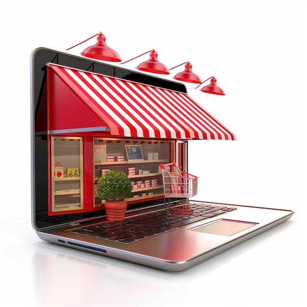 Ecommerce conceptual art Illustration of a modern store coming out of a laptop