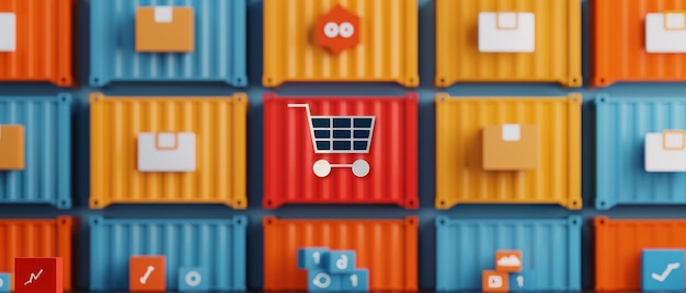 ecommerce and global shipping concept shopping cart icon on colorful shipping containers