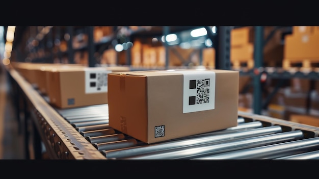 Ecommerce Logistics Products Moving Along a Conveyor Belt with a QR Code A cardboard box wi