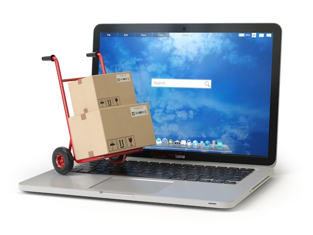 Ecommerce online shopping and delivery concept Hand truck and cardboard boxes