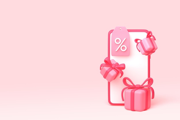 Ecommerce web banner with 3d smartphone with present boxes and percentage. 3d render illustration.