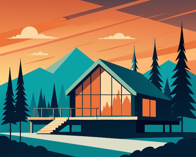 EcoModern Wooden Retreat House Printable Illustration Background Design