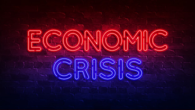 Economic crisis neon sign. red and blue glow. Conceptual background for your design with the inscription. 3d illustration.