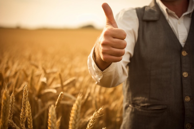 Economic Growth An unrecognizable man standing in a field of wheat with a thumbsup