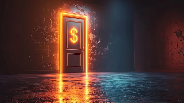 Economic opportunities open door with dollar signs 3D illustration chance concept copy space more clarity with clear light and sharp focus high detailed