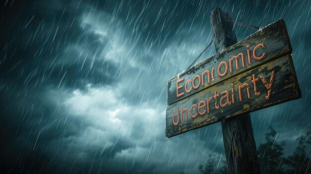 Economic uncertainty sign board with natural disaster type backdrop and a empty space Generative AI