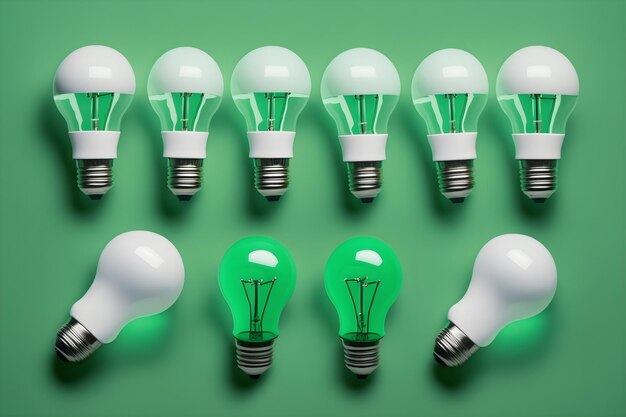 Economical light bulb on green background Save energy creative idea concept Generative AI