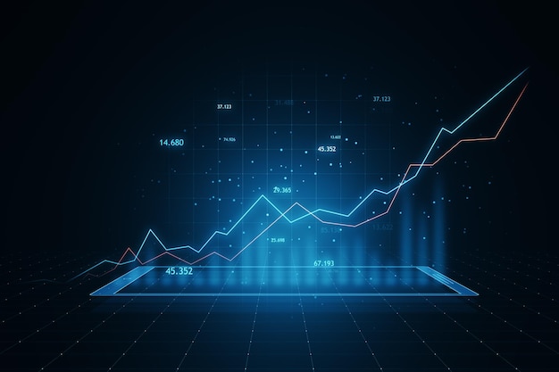 Economy and forex market growth concept with digital blue rising up financial chart diagram and graphs on abstract dark background with grid 3D rendering