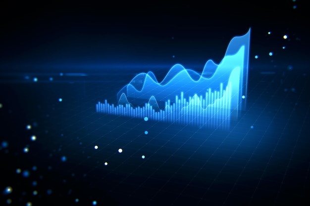 Economy and forex market growth concept with digital blue rising up financial chart diagram and graphs on abstract dark background with light dots 3D rendering