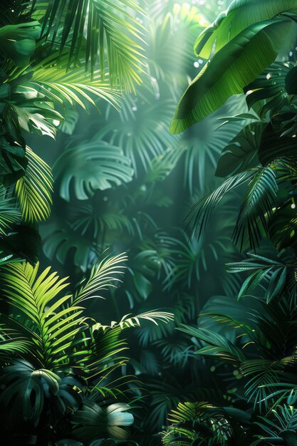 Ecotourism poster with a deep green to blue gradient and detailed illustrations of rainforest leaves