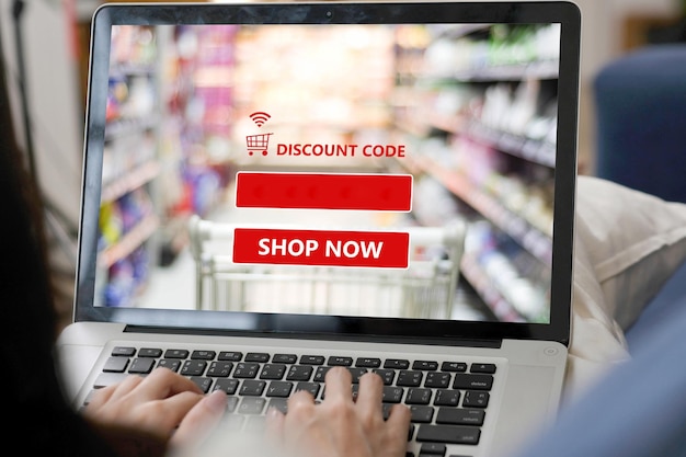 Ecoupon discount coupon web banner over blur grocery background