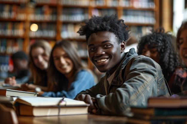 Ecstatic college students studying with textbooks in learning center Diverse group of individuals in university library