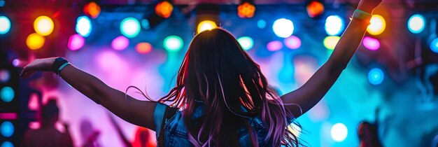 Ecstatic dancers illuminated by vibrant stage lights