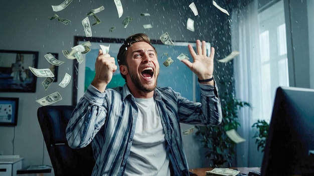 An ecstatic man in a business suit sits at a desk surrounded by a shower of flying cash