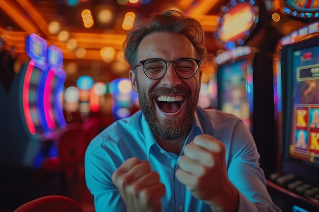 an ecstatic man in formal attire celebrating a big win at a casino