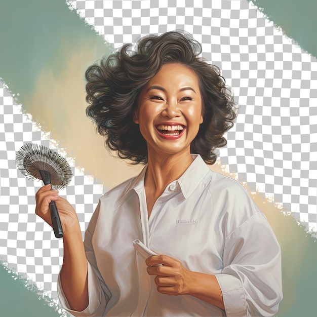 A Ecstatic Middle aged woman with Wavy Hair from the Southeast Asian ethnicity dressed in Orthodontist attire poses in a Hand Brushing Through Hair style against a Pastel Beige background