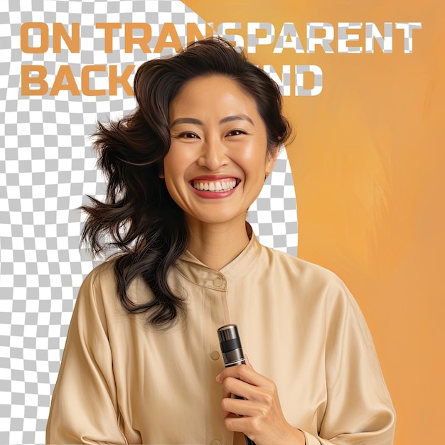 A Ecstatic Middle aged woman with Wavy Hair from the Southeast Asian ethnicity dressed in Orthodontist attire poses in a Hand Brushing Through Hair style against a Pastel Beige background