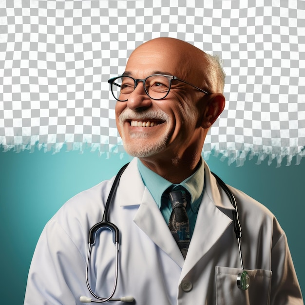 A Ecstatic Senior Man with Bald Hair from the South Asian ethnicity dressed in Medical Scientist attire poses in a Looking Over the Shoulder style against a Pastel Teal background