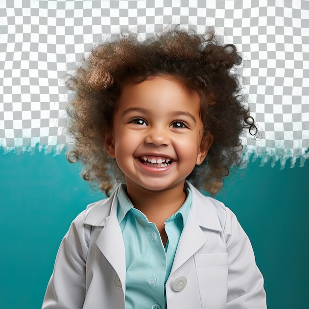 A Ecstatic Toddle girl with Curly Hair from the Pacific Islander ethnicity dressed in Chiropractor attire poses in a Tilted Head with a Grin style against a Pastel Turquoise background