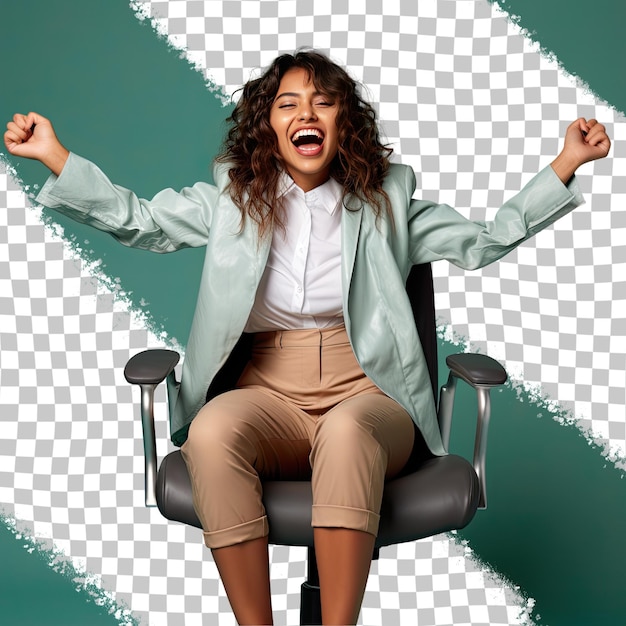 A Ecstatic Young Adult Woman with Wavy Hair from the Aboriginal Australian ethnicity dressed in Data Scientist attire poses in a Full Length with a Prop like a Chair style against a Pastel T