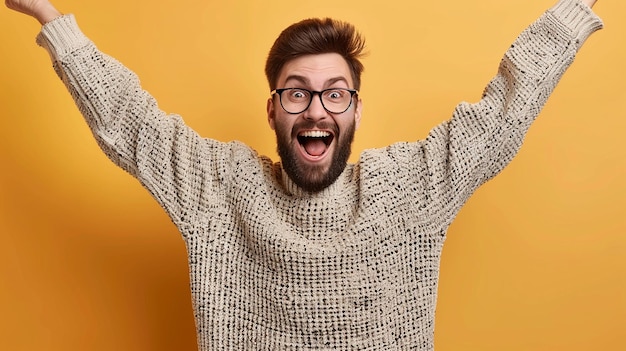 Photo ecstatic young man wearing a beard and casual outfit