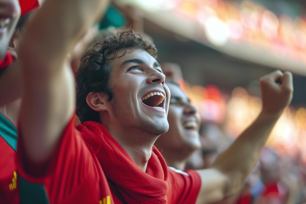 Ecstatic young man with curly hair cheering passionately at a sports event