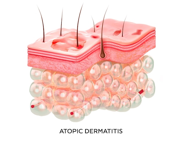 Eczema 3d illustration of the crosssection of skin layers with atopic dermatitis Damaged skin