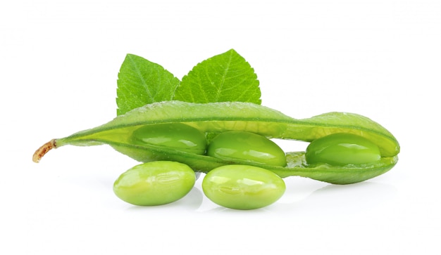 Edamame beans on white table. 