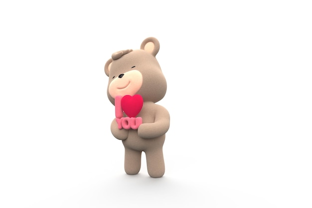 Eddy bear holding the phrase I love you in English writing 3D Render