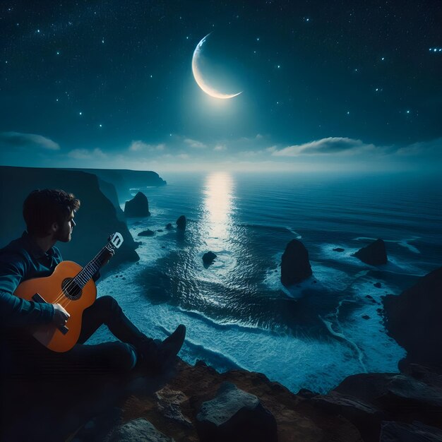 At the edge of a cliff overlooking the vast ocean under the starlit sky and a crescent moon hanging