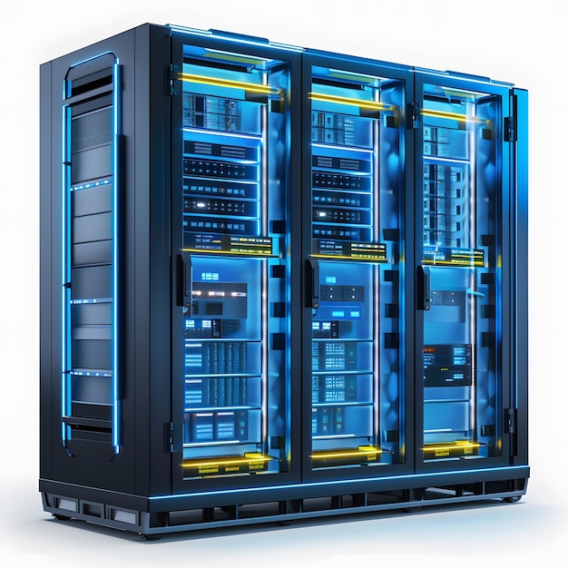 edge computing technology with glowing blue server racks in futuristic data center development