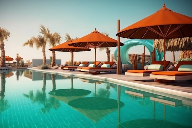 The edge Luxury swimming pool with white fashion deckchairs on the beach Exterior design Generative AI