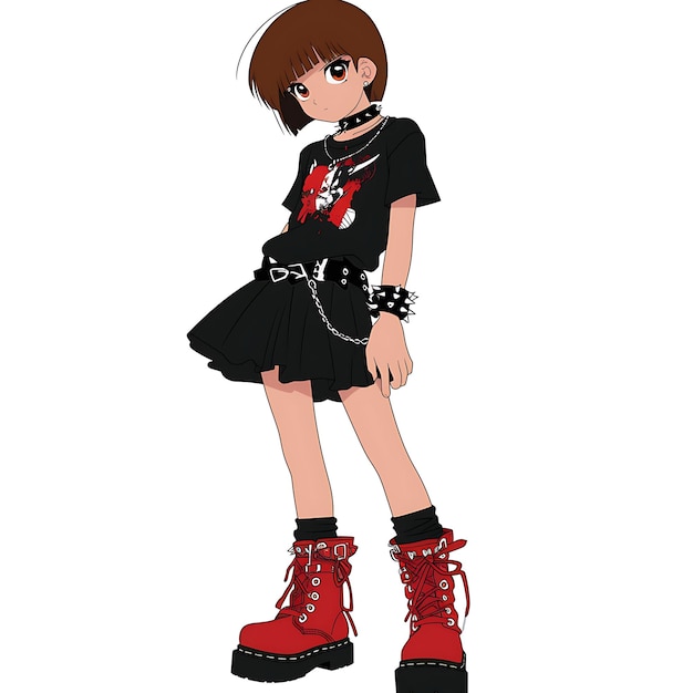 Photo edgy 10 year old girl in a black leather skirt a band tee an creative fashion chibi character