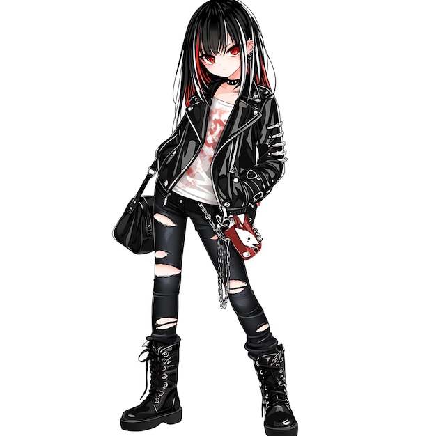 Photo edgy 10 year old girl in a leather jacket and ripped jeans c creative fashion chibi character