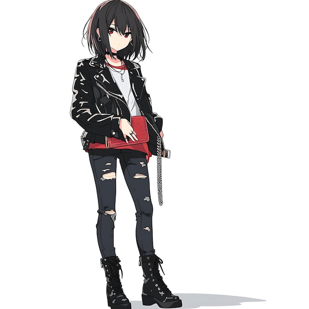 Photo edgy 10 year old girl in a leather jacket and ripped jeans c creative fashion chibi character