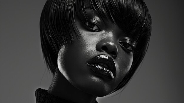 An edgy and daring monochromatic fashion statement is captured in this portrait of a black woman