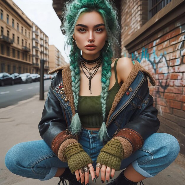 Photo edgy diesel punk fashion girl in green hair braids jeans jacket and boots