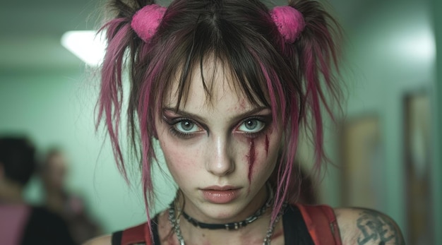 Photo edgy punk girl with pink hair and tattoos