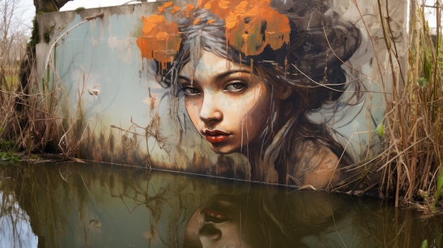 Edgy Street Art Woman Painting With Tree In Water