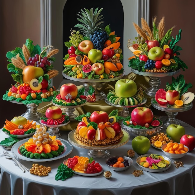 Photo edible art cinematic presentation of fruits and vegetables with hyperrealistic styling