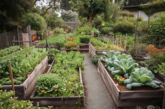 Edible garden with rows of fresh produce and herbs visible