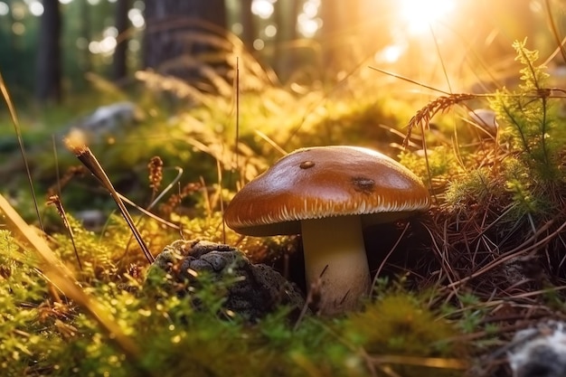 Edible mushroom in dew drops in grass in forest on sunny summer day Generative AI illustration