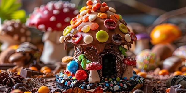 Edible Mushroom House in Candy Garden with Colorful Exterior and Chocolate Streams Concept Candy Garden Edible Mushroom House Colorful Exterior Chocolate Streams Whimsical Design