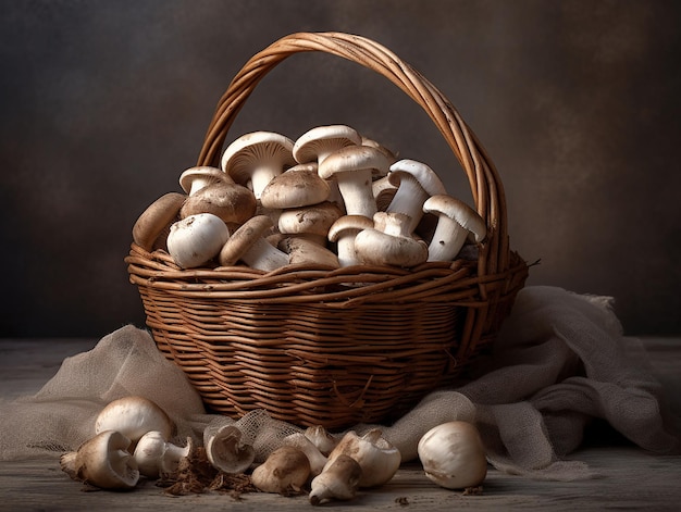 Edible mushrooms in basket on rustic table generate ai