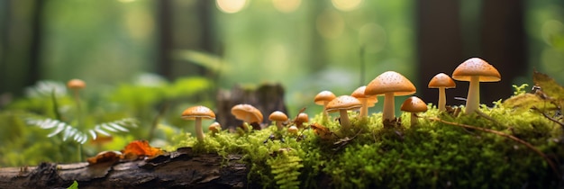 Edible mushrooms in a forest on green background