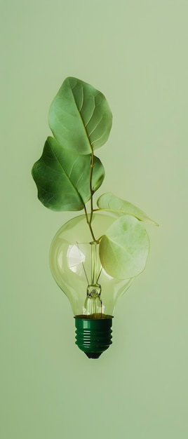 Edison lamp made of green small leave Energy efficiency concept Flat lay Concept ecology