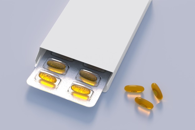 Editable mockup of fish oil omega 3 golden capsules in a blister pack 3d rendering