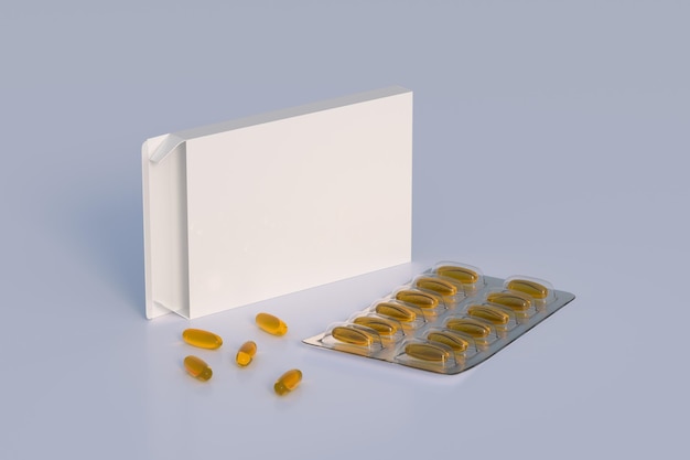 Editable mockup of fish oil omega 3 golden capsules in a blister pack 3d rendering