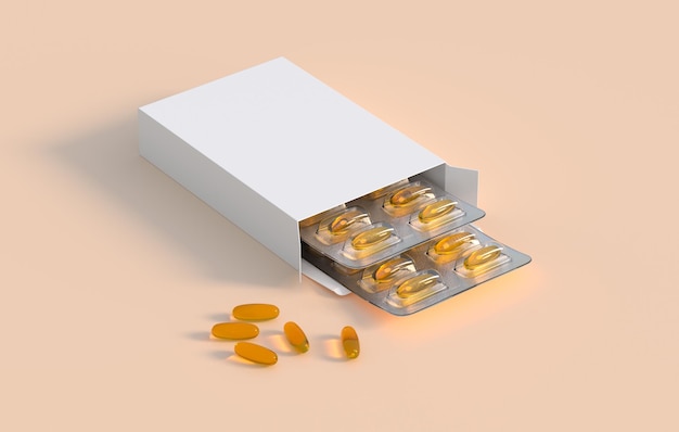 Editable mockup of fish oil omega 3 golden capsules in two blister pack 3d rendering